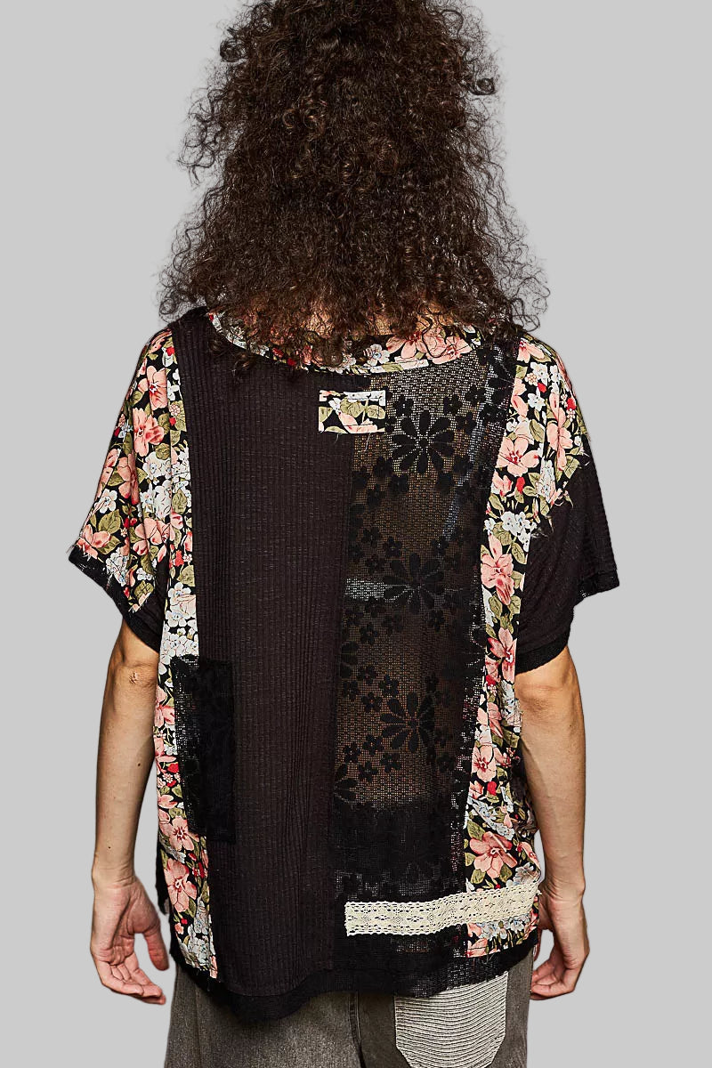 Katlyn Lace Boho Floral Pattern Top with Patch Detail