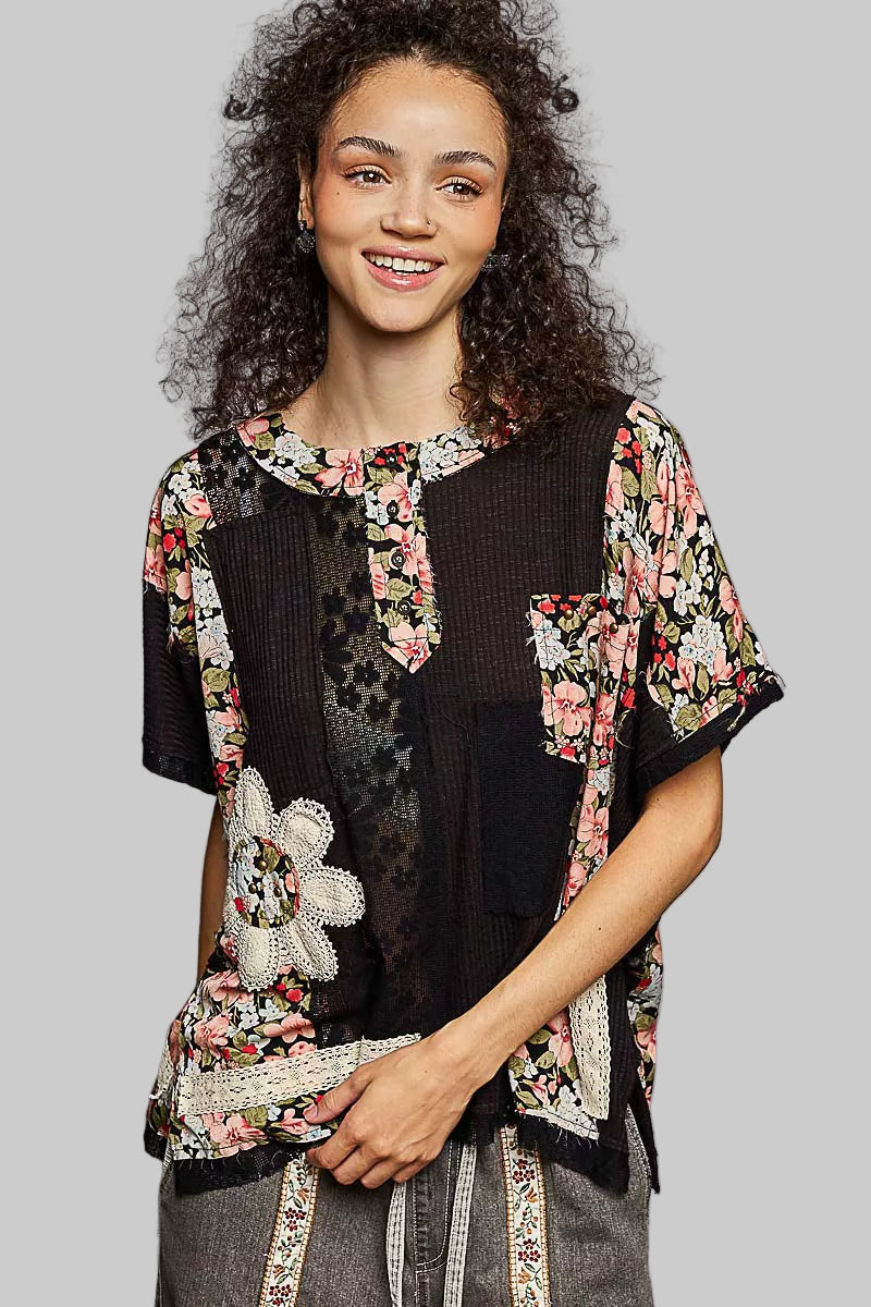 Katlyn Lace Boho Floral Pattern Top with Patch Detail