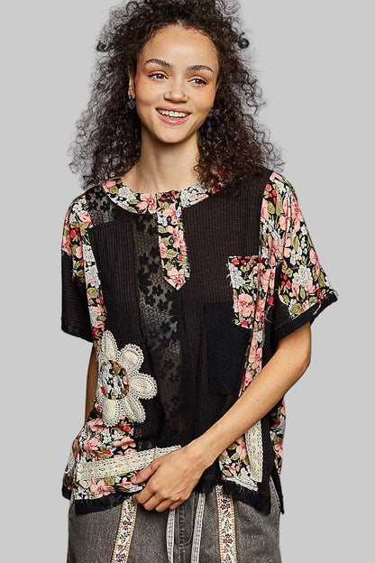 Katlyn Lace Boho Floral Pattern Top with Patch Detail