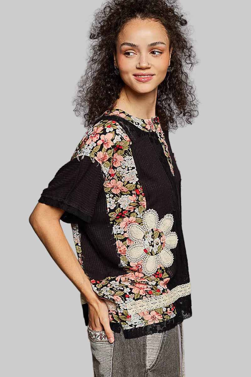 Katlyn Lace Boho Floral Pattern Top with Patch Detail