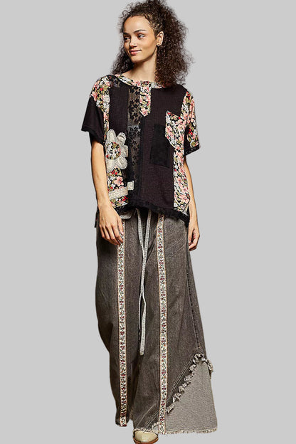 Katlyn Lace Boho Floral Pattern Top with Patch Detail