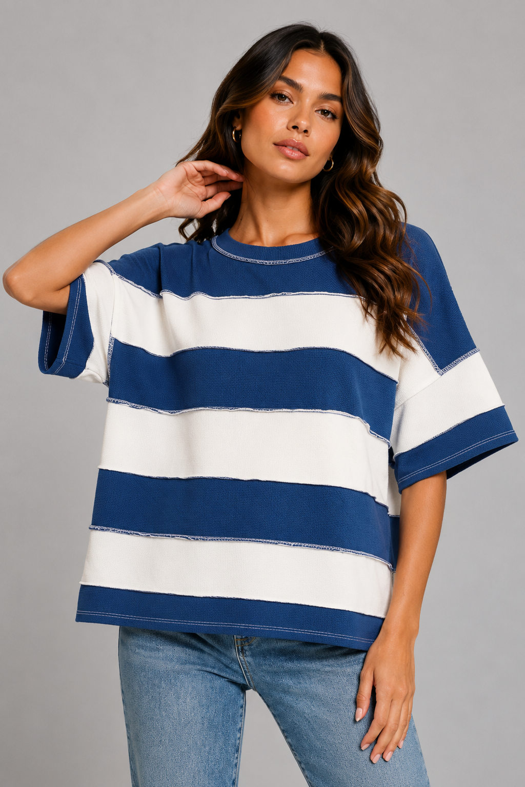 Kiara Terry Striped Exposed Seam Top