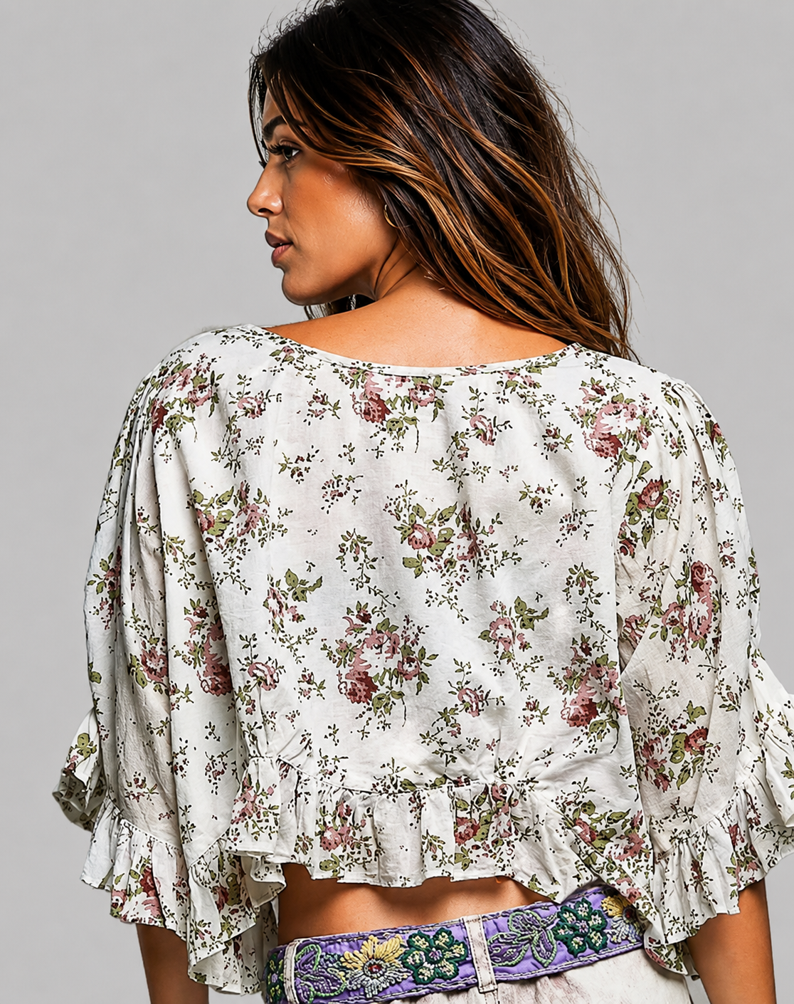 Kori Ruffle Floral Cropped Tie Front Top