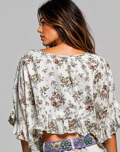 Kori Ruffle Floral Cropped Tie Front Top