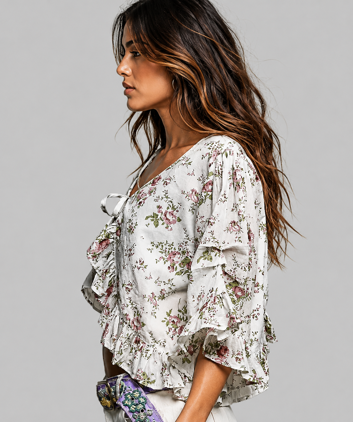 Kori Ruffle Floral Cropped Tie Front Top