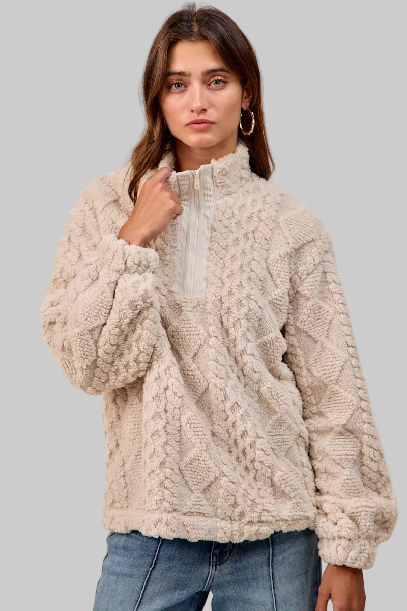 Krissy Boho Patterned Soft Fleece Half Zip Sweater