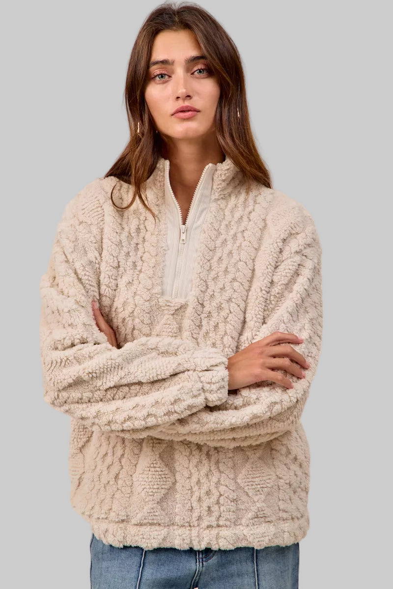 Krissy Boho Patterned Soft Fleece Half Zip Sweater