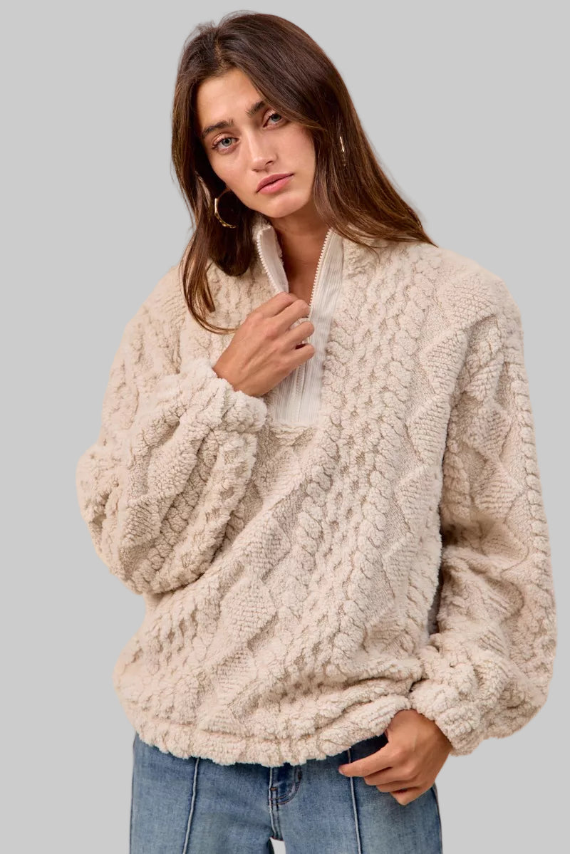 Krissy Boho Patterned Soft Fleece Half Zip Sweater