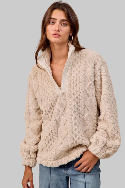 Krissy Boho Patterned Soft Fleece Half Zip Sweater