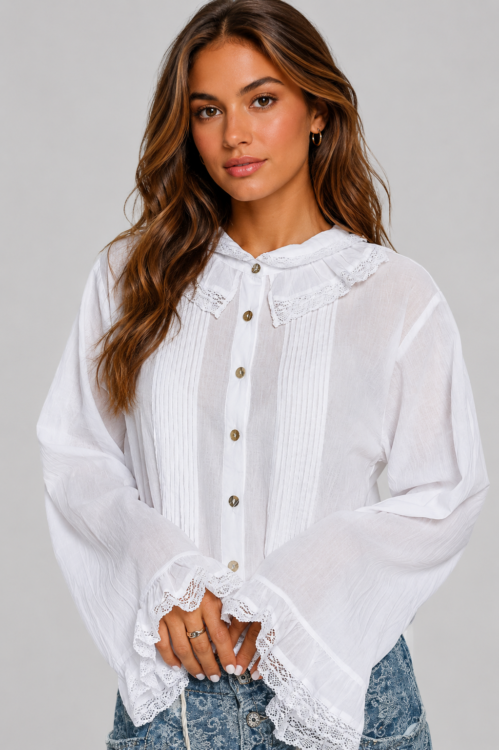 Krissy Lace Pintuck Button Down Shirt