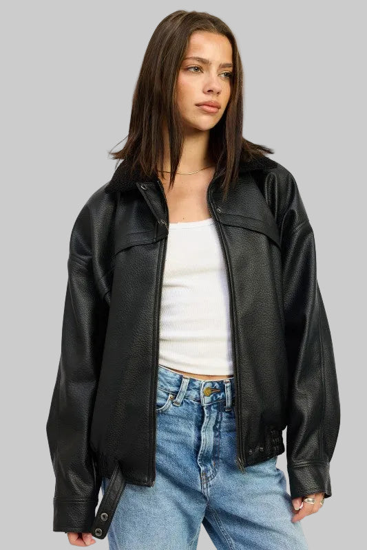 Lia Vegan Leather Shearling Collar Jacket