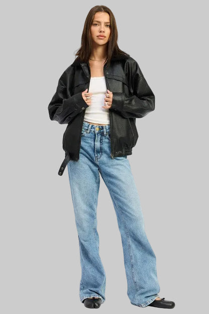 Lia Vegan Leather Shearling Collar Jacket