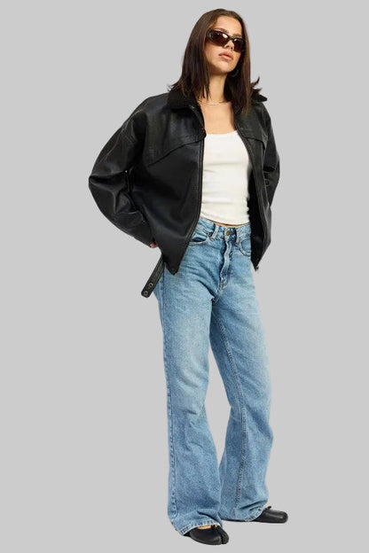 Lia Vegan Leather Shearling Collar Jacket