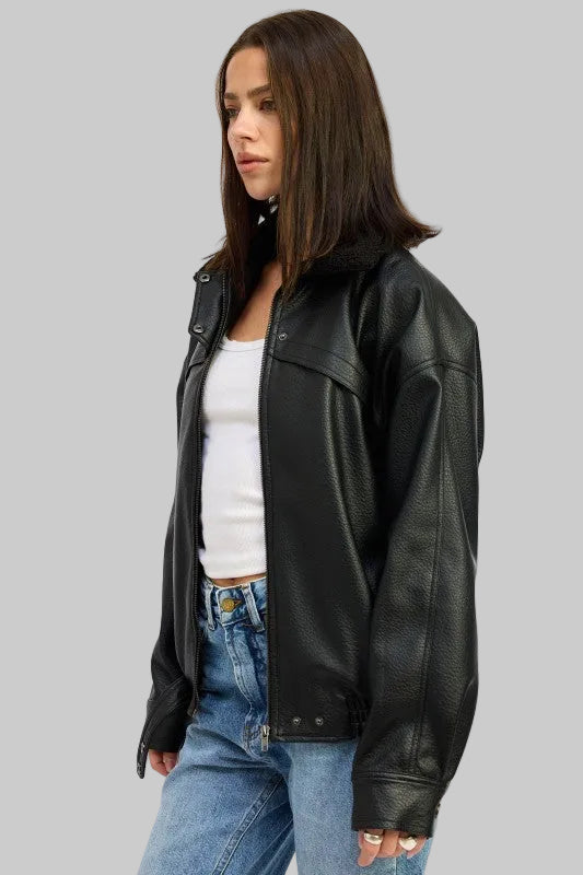 Lia Vegan Leather Shearling Collar Jacket