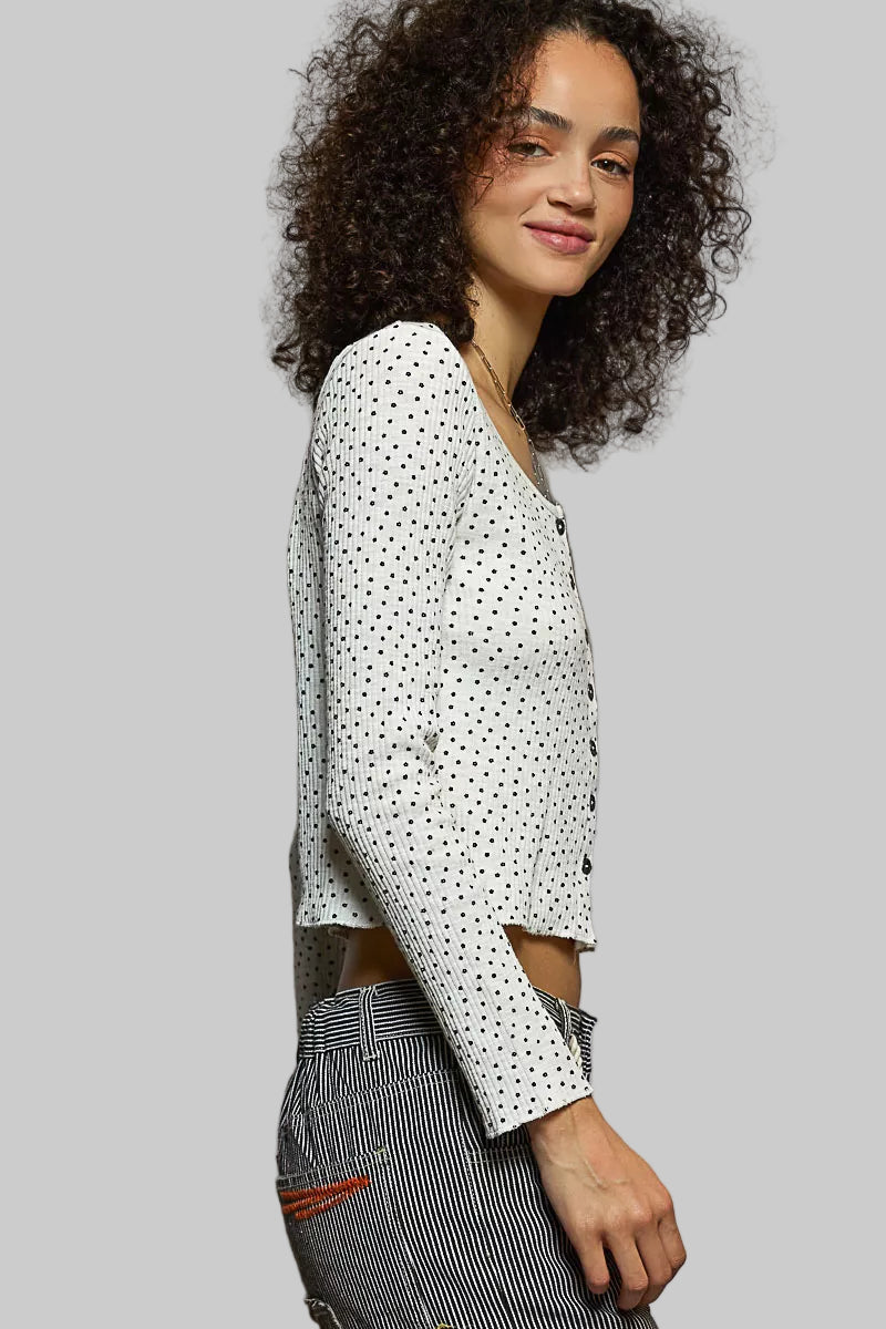 Lilly Boho Button Down Polka Dot Ribbed Cardigan