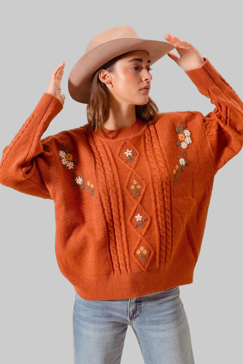Lindsey Boho Brick Embroidered Flower Cable Knit Sweater