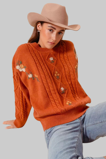 Lindsey Boho Brick Embroidered Flower Cable Knit Sweater