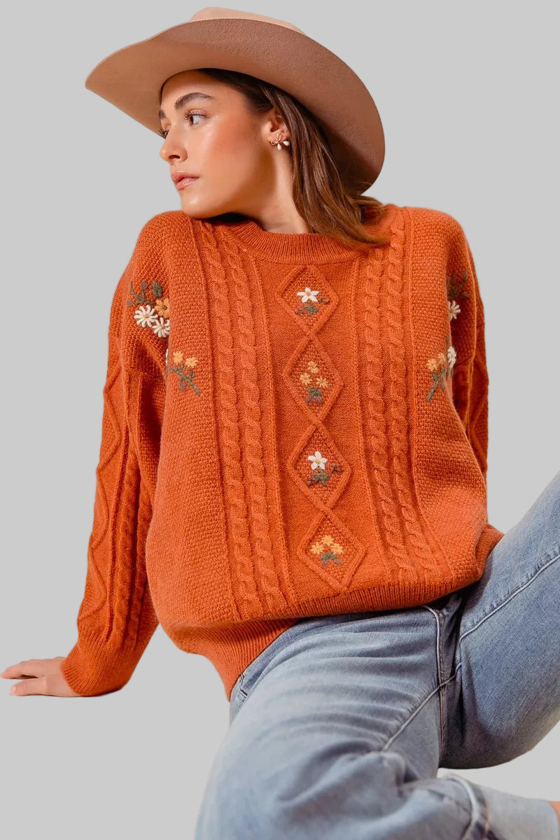 Lindsey Boho Brick Embroidered Flower Cable Knit Sweater