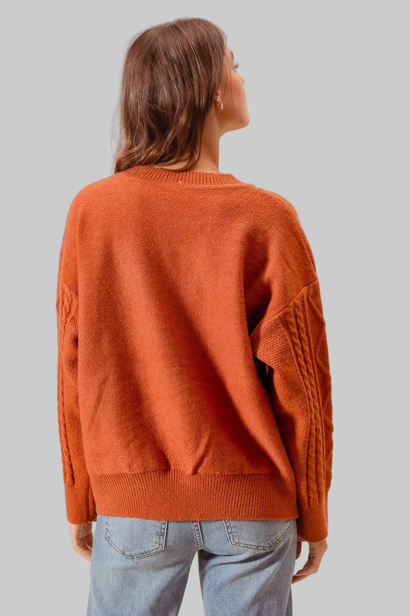 Lindsey Boho Brick Embroidered Flower Cable Knit Sweater