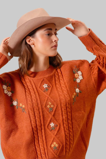 Lindsey Boho Brick Embroidered Flower Cable Knit Sweater