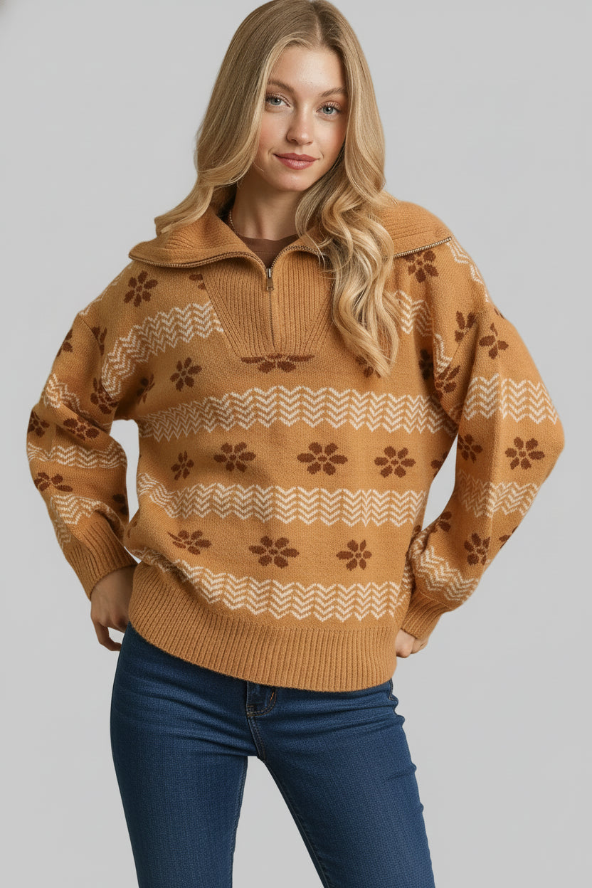 Lisa Neutral Floral Quarter Zip Pullover Sweater