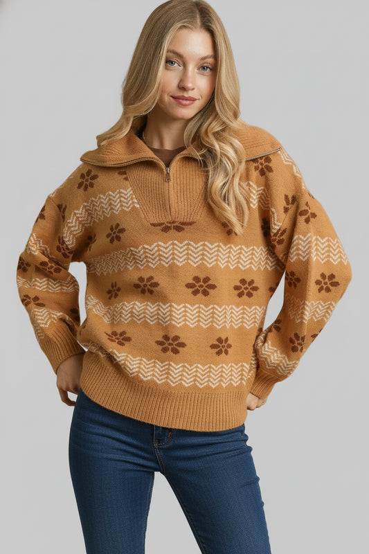 Lisa Neutral Floral Quarter Zip Pullover Sweater
