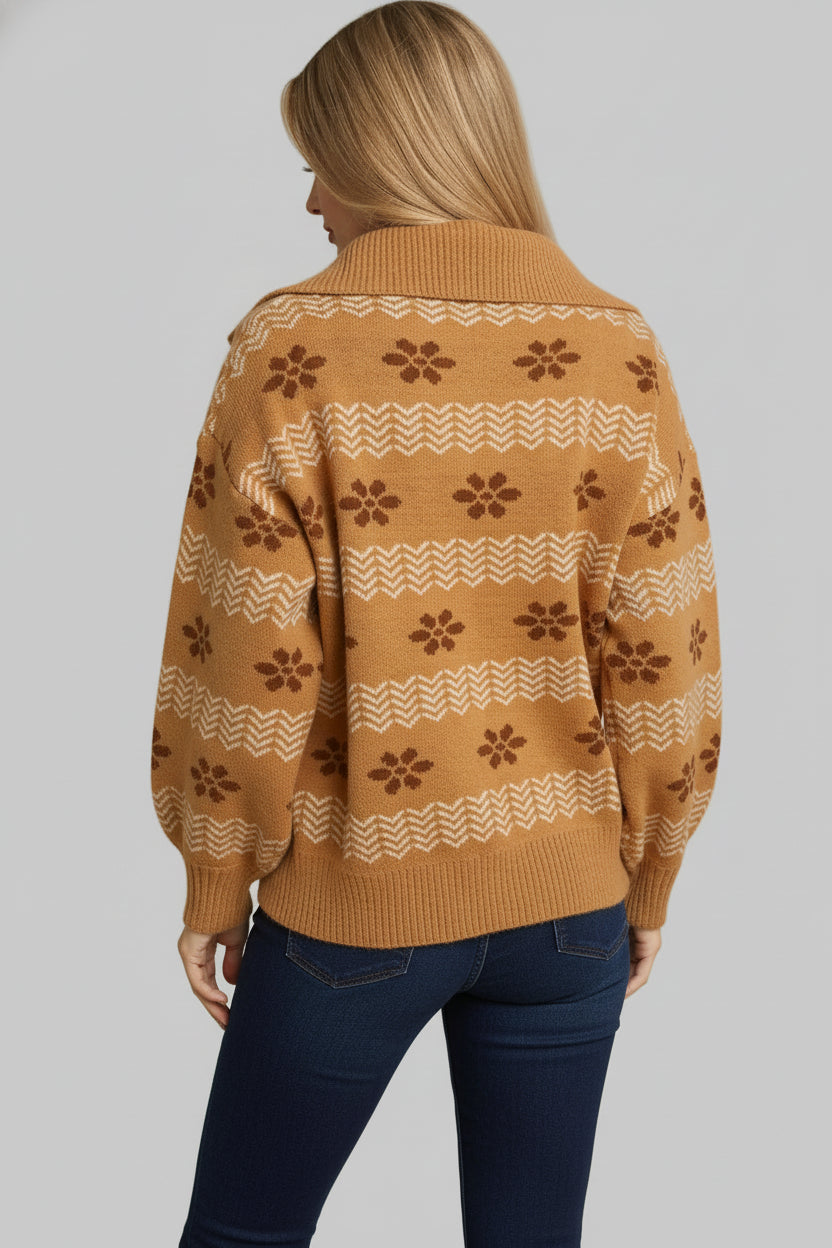 Lisa Neutral Floral Quarter Zip Pullover Sweater