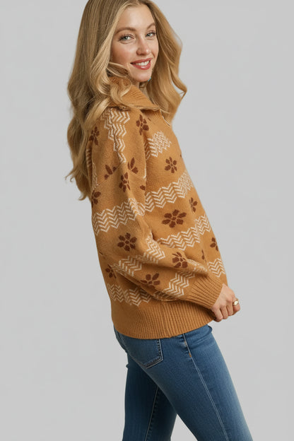 Lisa Neutral Floral Quarter Zip Pullover Sweater