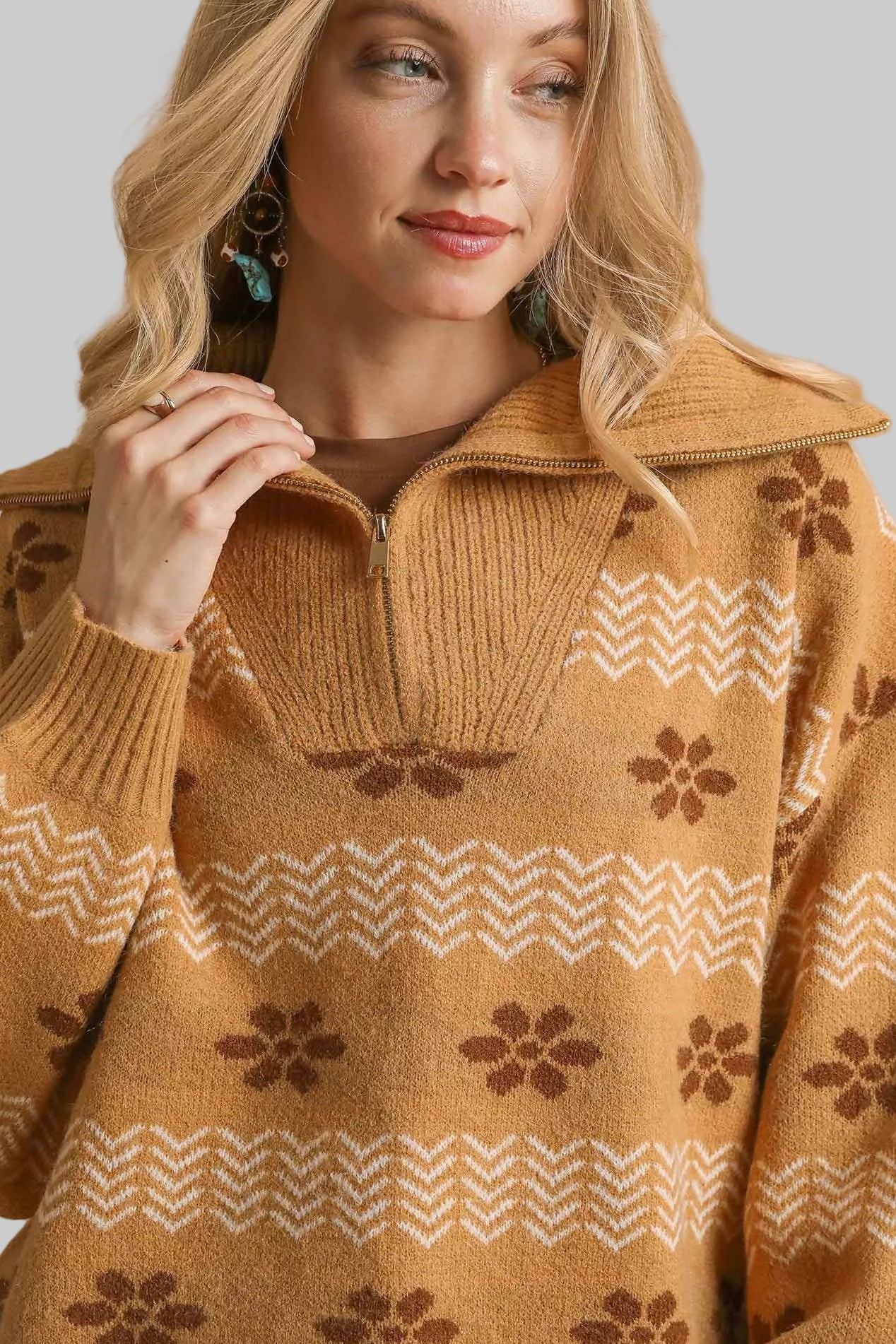 Lisa Neutral Floral Quarter Zip Pullover Sweater