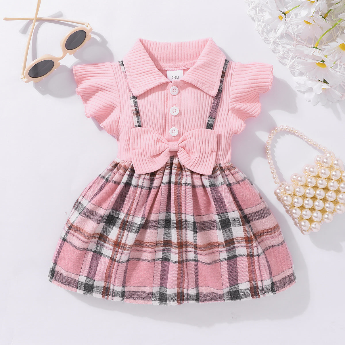 Little Baby Girl Plaid Collared Bow Detail Dress