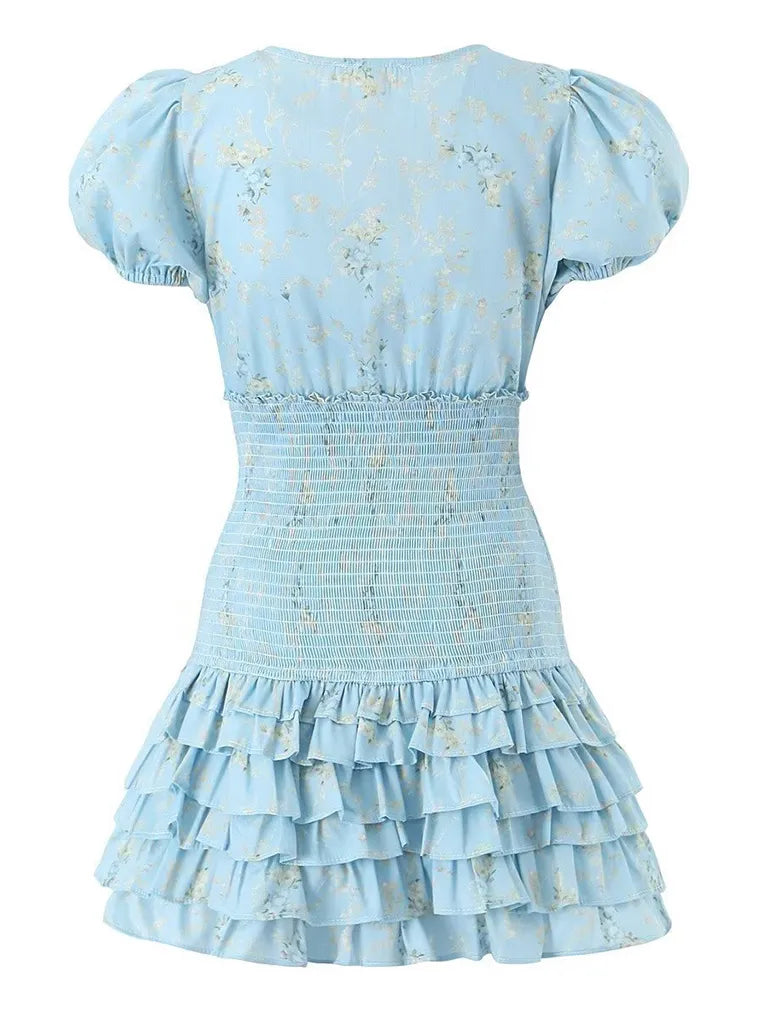Love Sweet Bohemian V-neck Smocked Waist Puff Sleeve Mini Dress