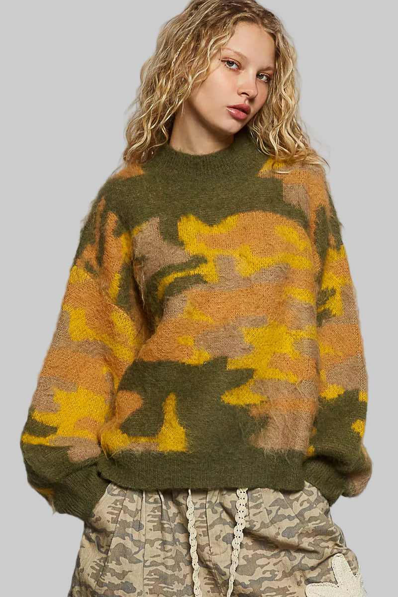 Lucy Boho Mock Neck Abstract Camo Sweater