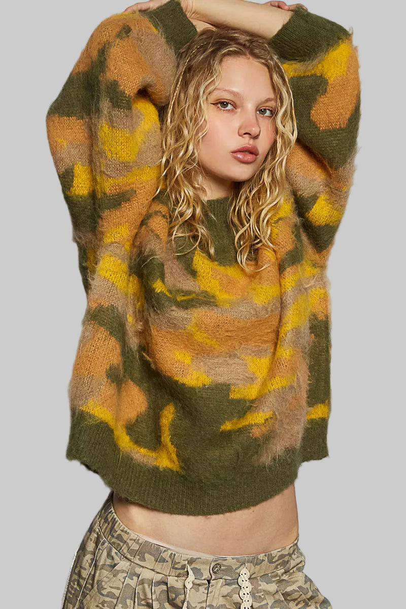 Lucy Boho Mock Neck Abstract Camo Sweater