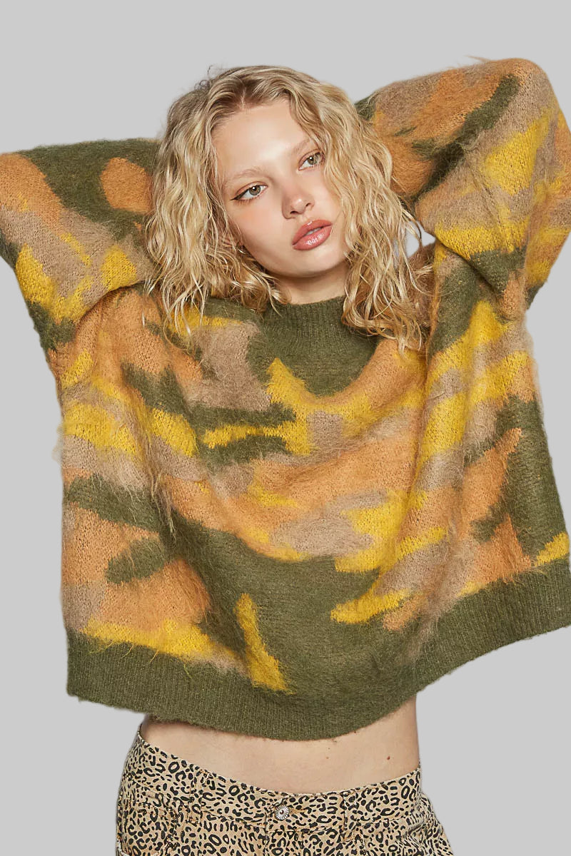 Lucy Boho Mock Neck Abstract Camo Sweater
