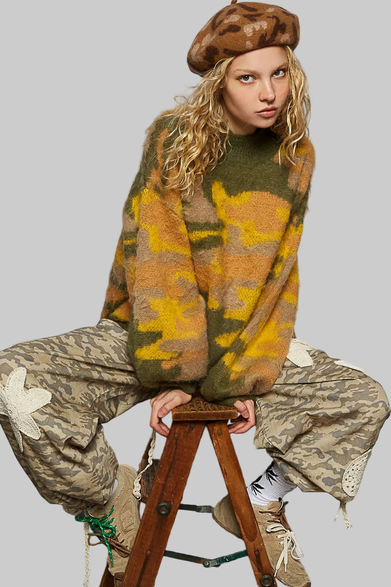 Lucy Boho Mock Neck Abstract Camo Sweater