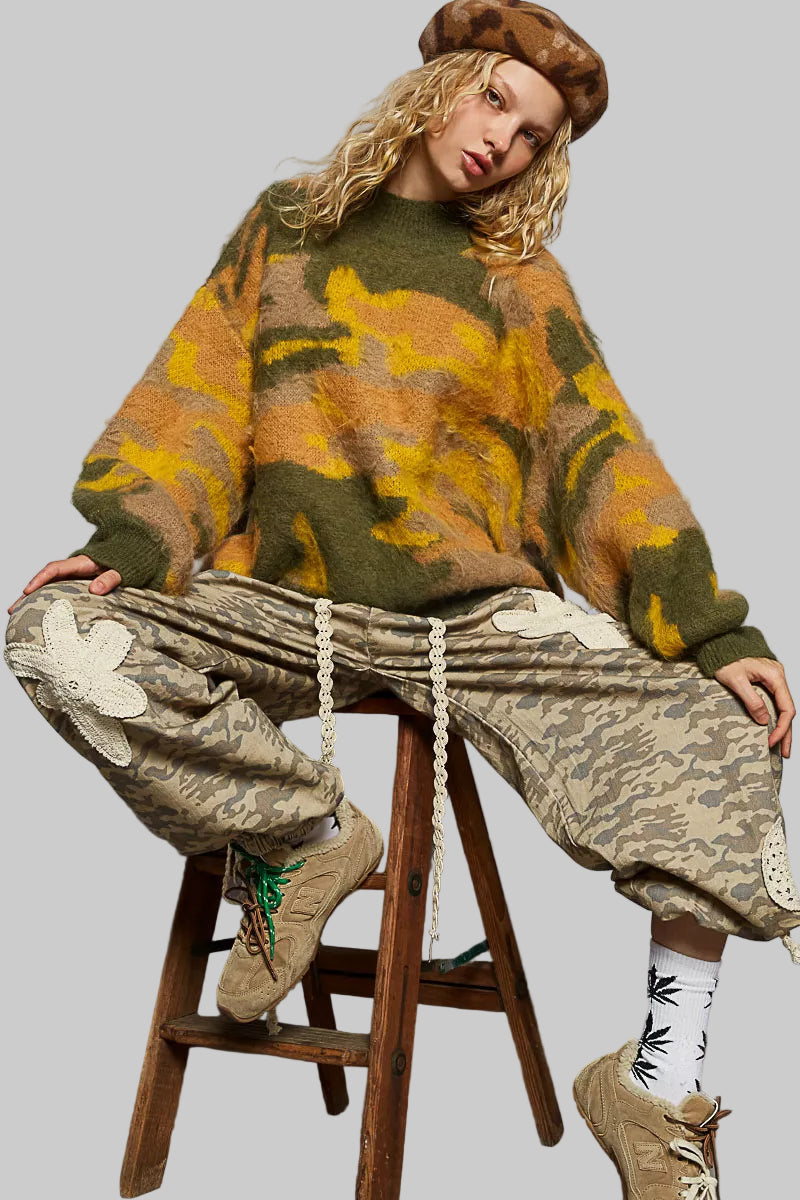 Lucy Boho Mock Neck Abstract Camo Sweater