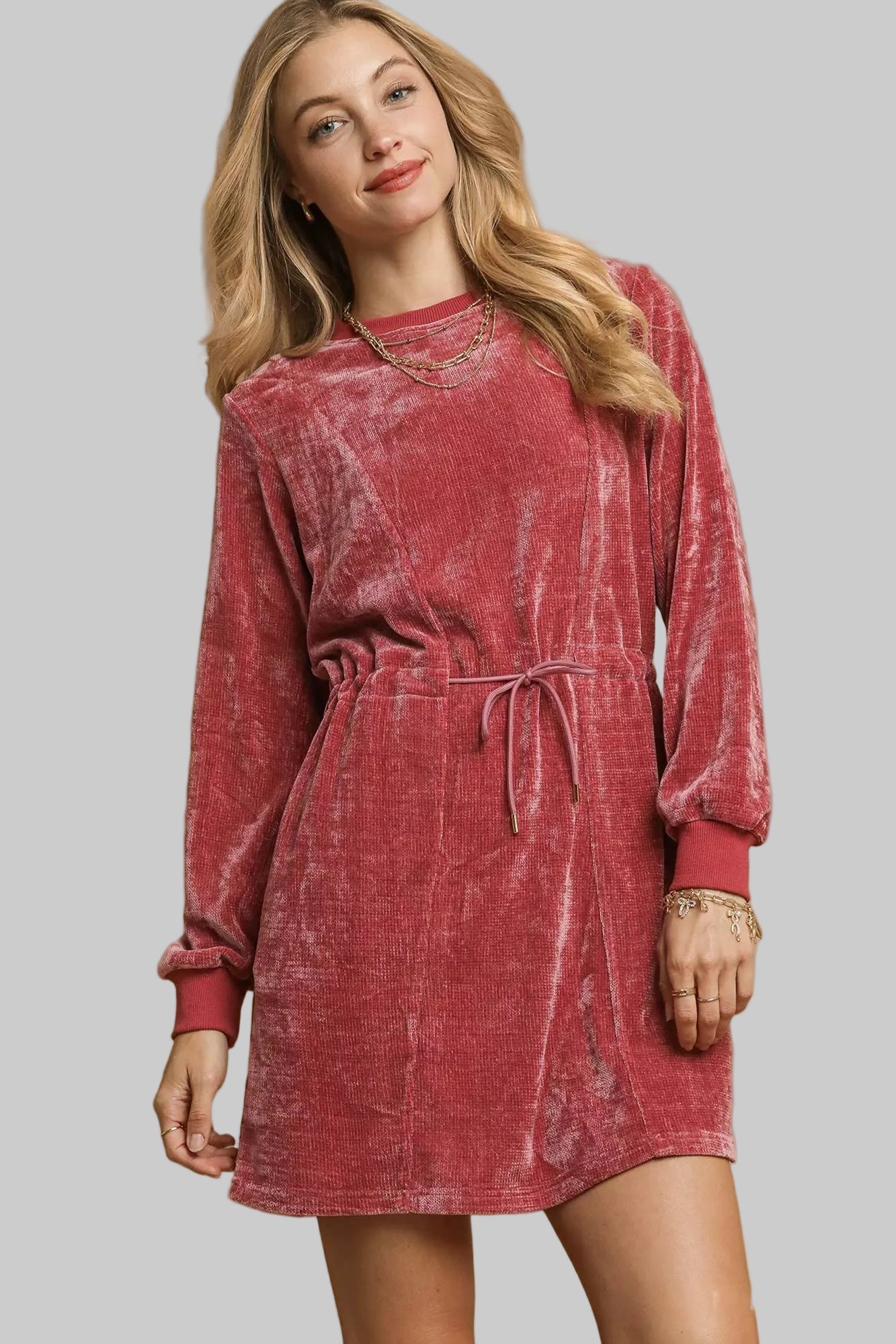 Western Boho Burgendy Velour Drawstring Mini Dress with Long Sleeves