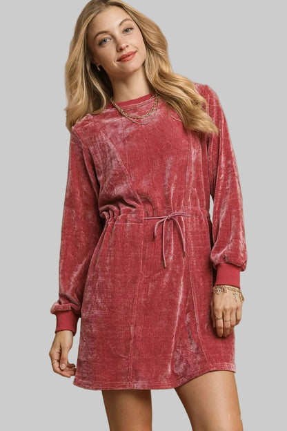 Western Boho Burgendy Velour Drawstring Mini Dress with Long Sleeves