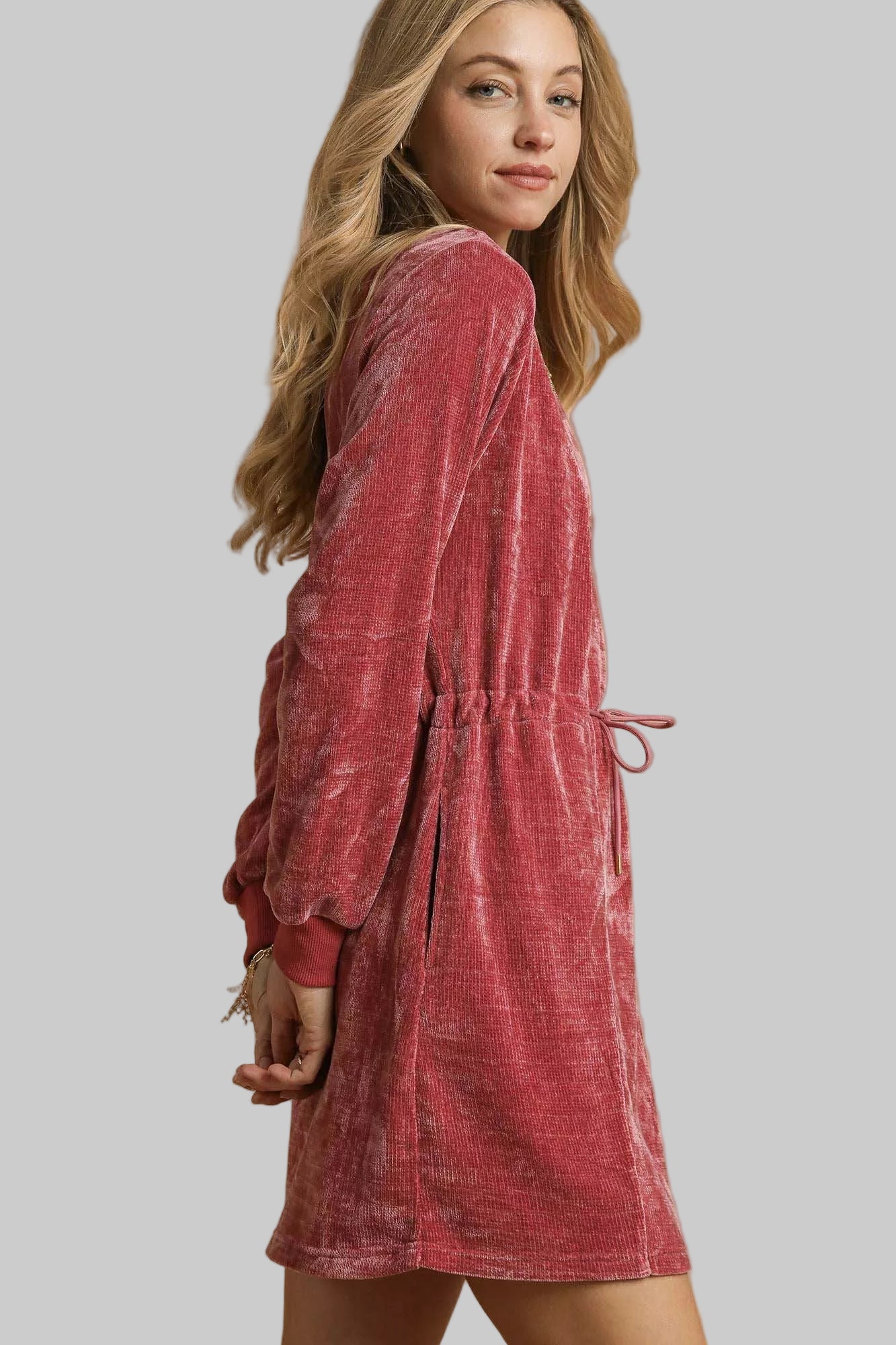 Western Boho Burgendy Velour Drawstring Mini Dress with Long Sleeves
