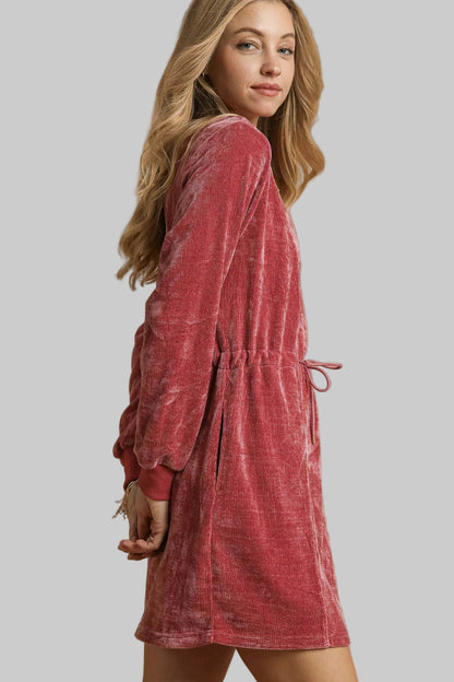 Western Boho Burgendy Velour Drawstring Mini Dress with Long Sleeves