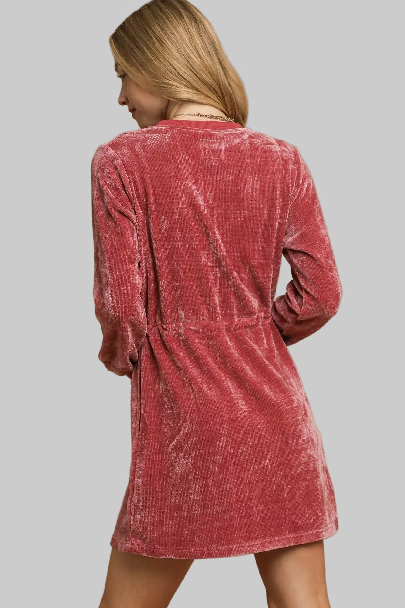 Western Boho Burgendy Velour Drawstring Mini Dress with Long Sleeves