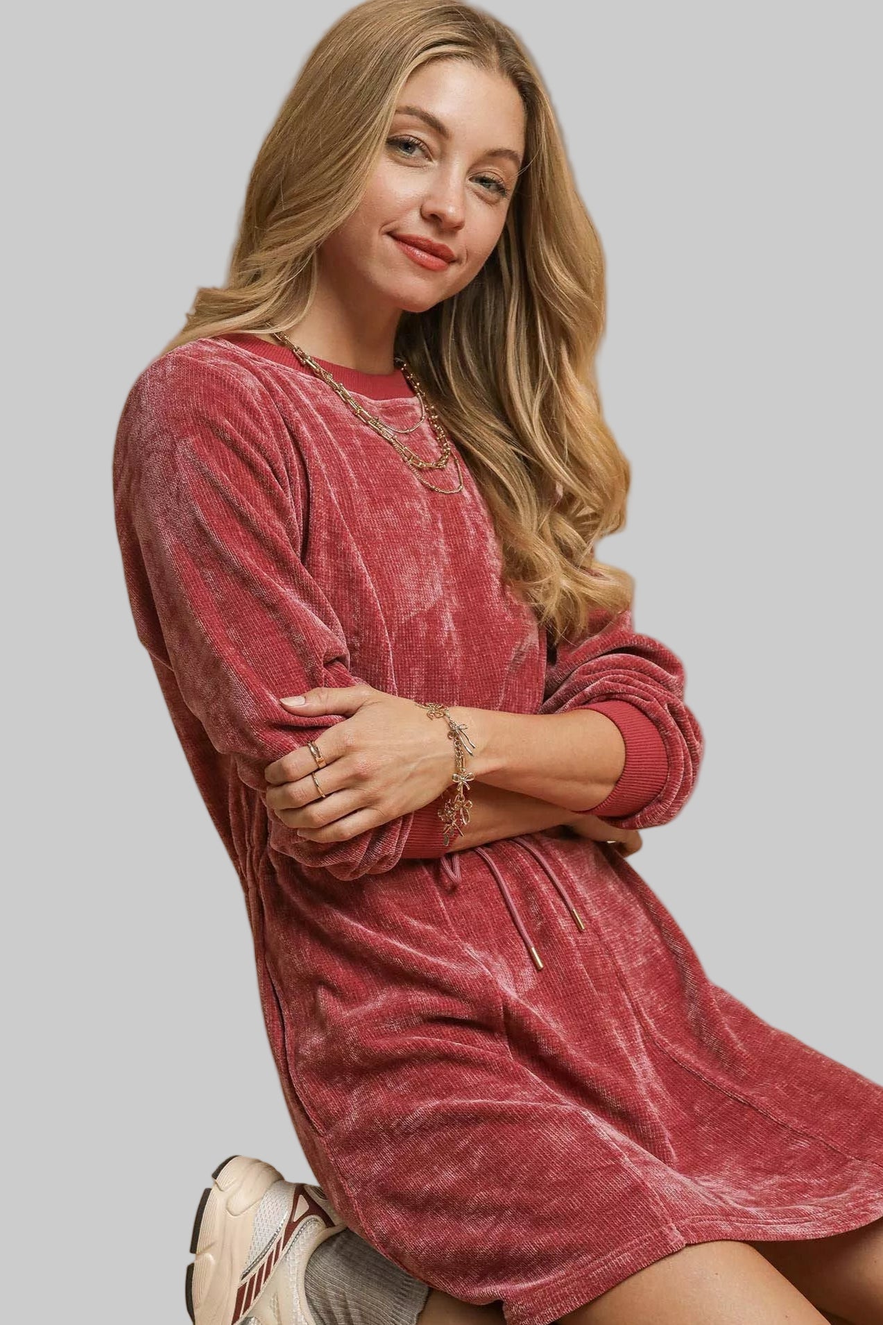 Western Boho Burgendy Velour Drawstring Mini Dress with Long Sleeves