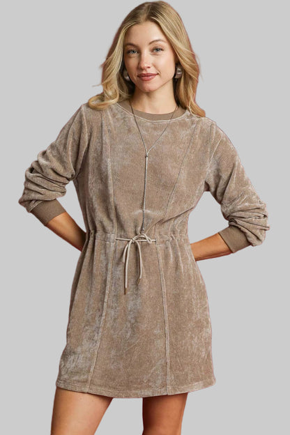 Western Boho Velour Drawstring Long Steeves Mini Dress