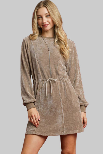 Western Boho Velour Drawstring Long Steeves Mini Dress