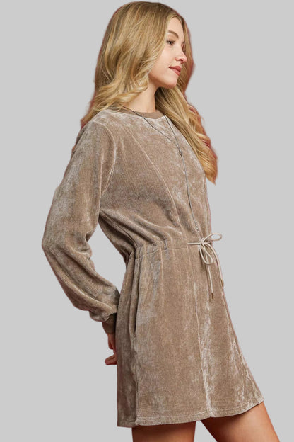 Western Boho Velour Drawstring Long Steeves Mini Dress