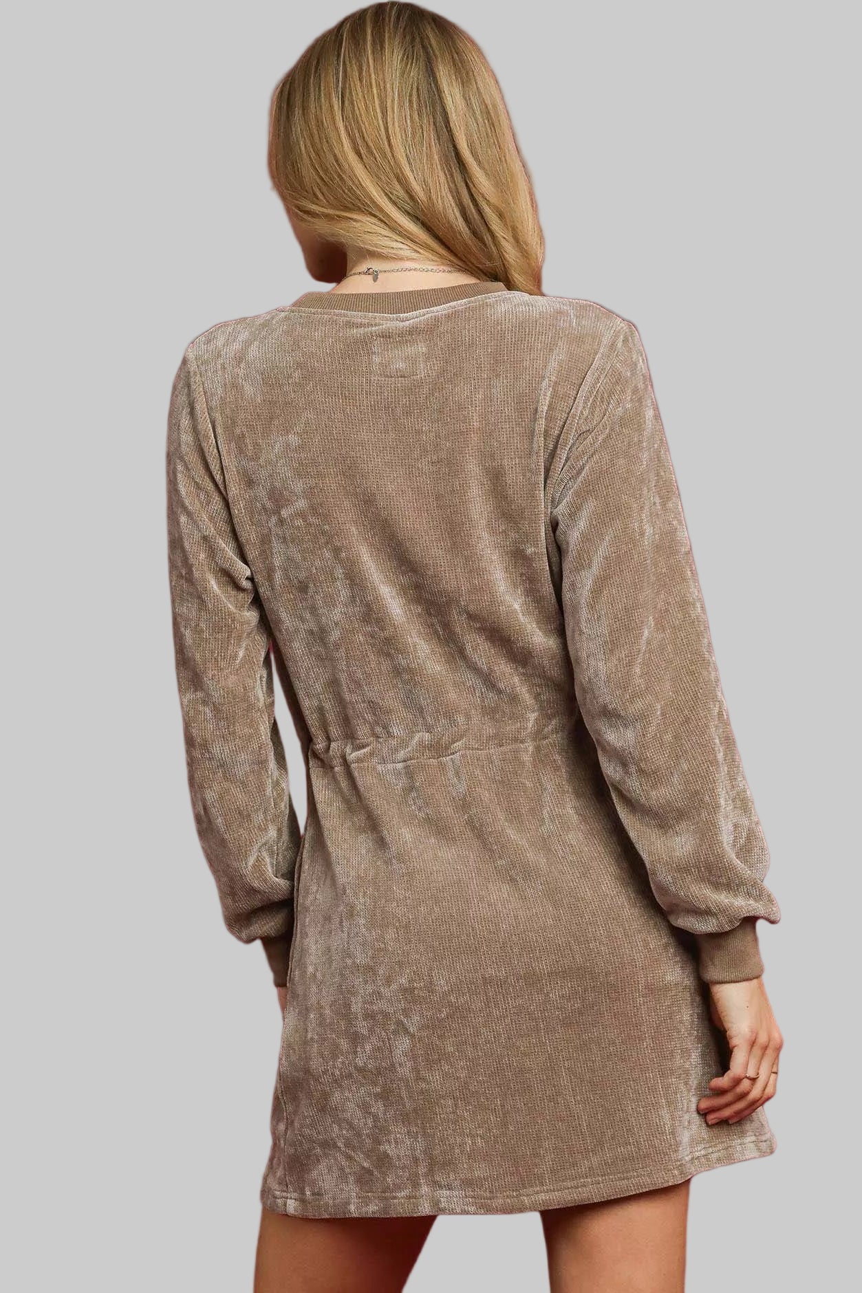 Western Boho Velour Drawstring Long Steeves Mini Dress