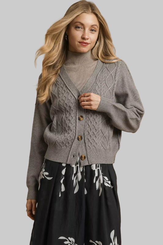 Madison Chunky Cable Knit V-Neck Button-Up Cardigan