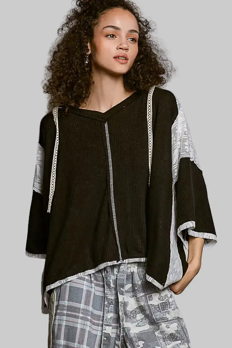 Magnolia Boho Lace Trim Hoodie - Black