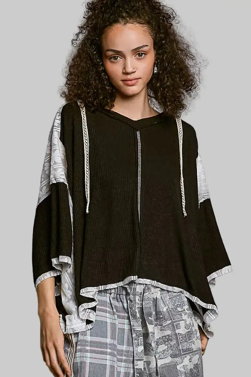 Magnolia Boho Lace Trim Hoodie - Black