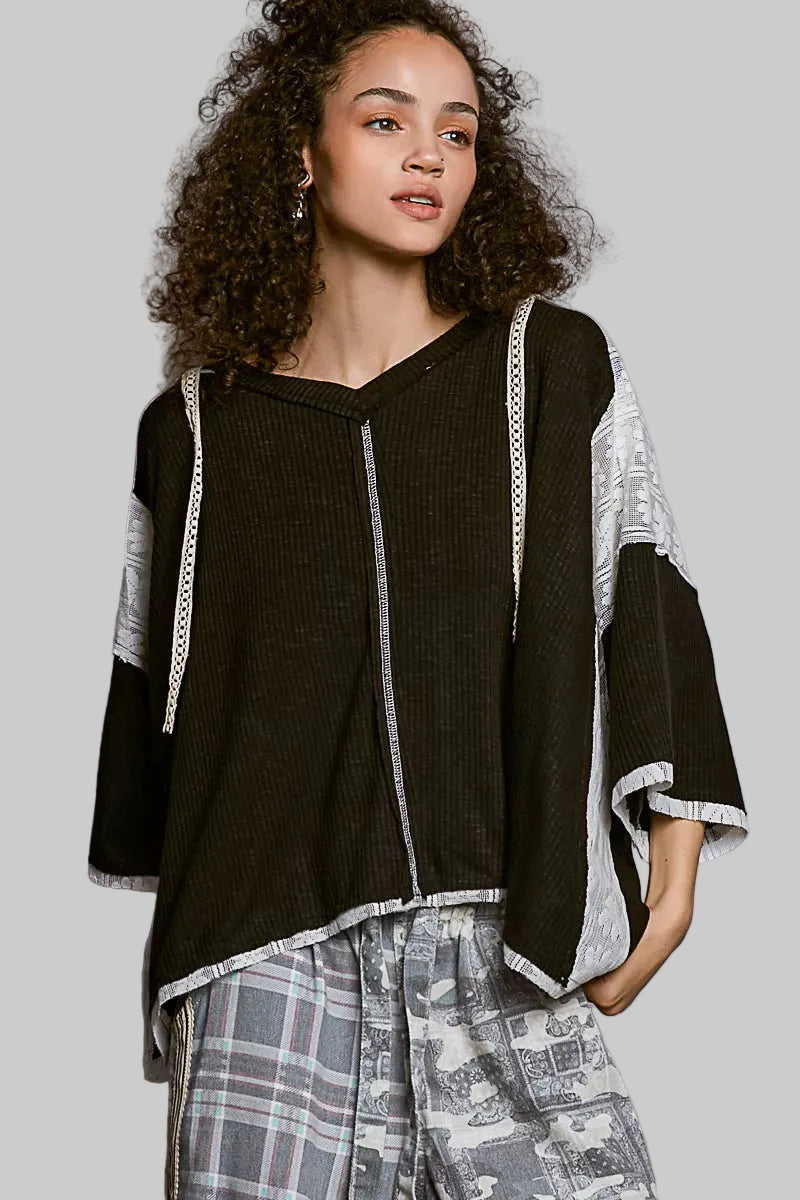 Magnolia Boho Lace Trim Hoodie - Black